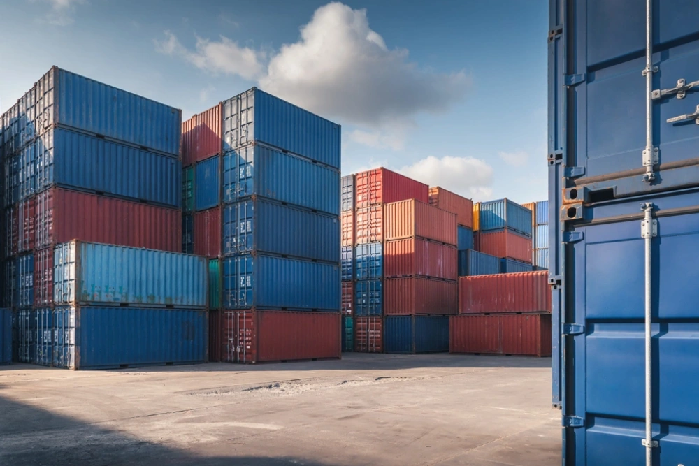 Ecamsecurity Surveillance Solutions for Distribution Yards and Cargo Security Stacked shipping containers in a distribution yard, suitable for Ecamsecurity’s perimeter monitoring and security solutions.