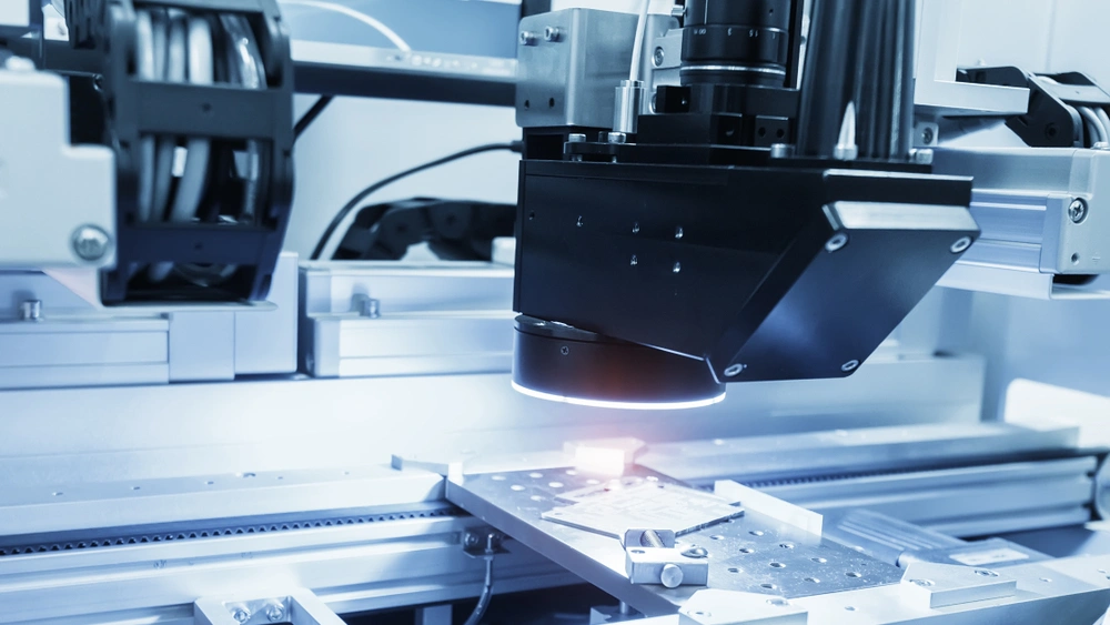 Close-up of advanced machinery in a manufacturing setting, representing Ecamsecurity’s industrial surveillance technology solutions