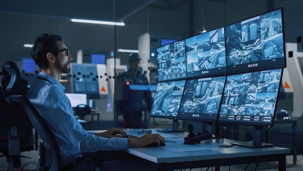 Security professional monitoring multiple cameras feeds on large screens, showcasing Ecamsecurity’s 24/7 surveillance capabilities