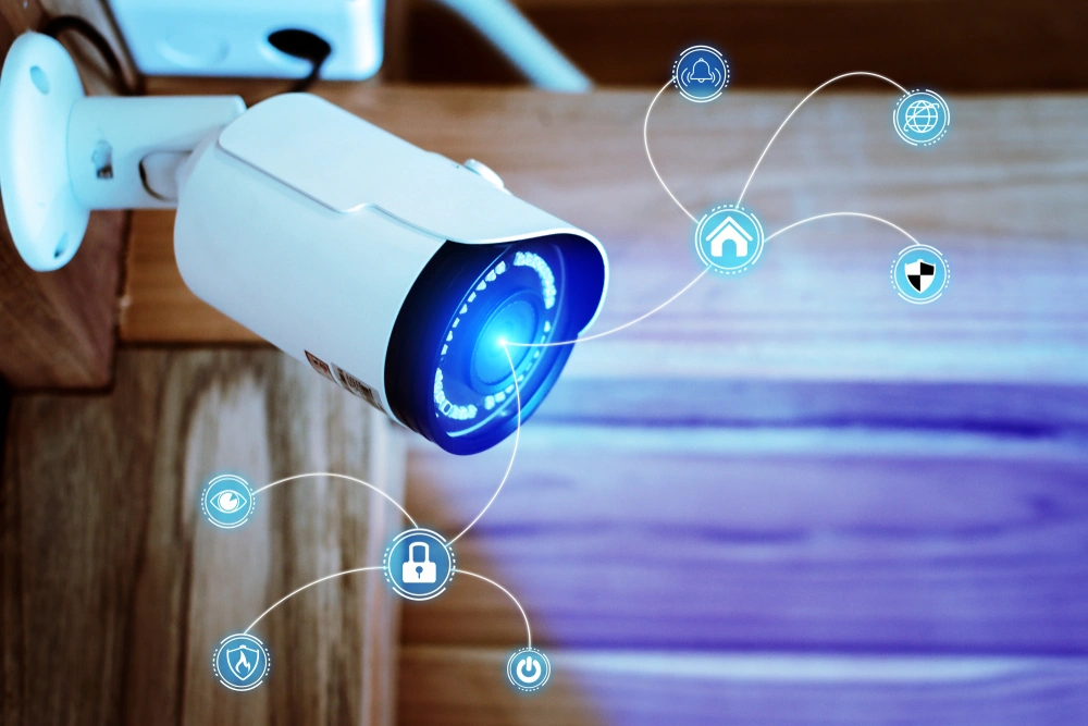 Comprehensive Fixed Camera Solutions with Advanced Security Features for Businesses Fixed security camera with digital icons illustrating various security features, representing comprehensive monitoring solutions for businesses.